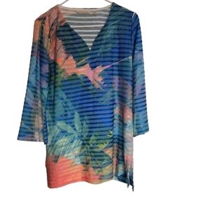 Soft Surroundings Womens Medium Blue Green Coral Layered Textured Floral Top